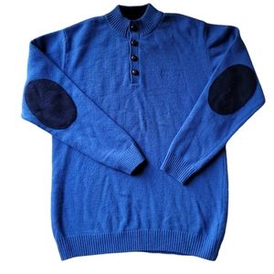 London Fog Sweater Men's Wool Blend Blue Sweater Button Pullover Patches Sz XL